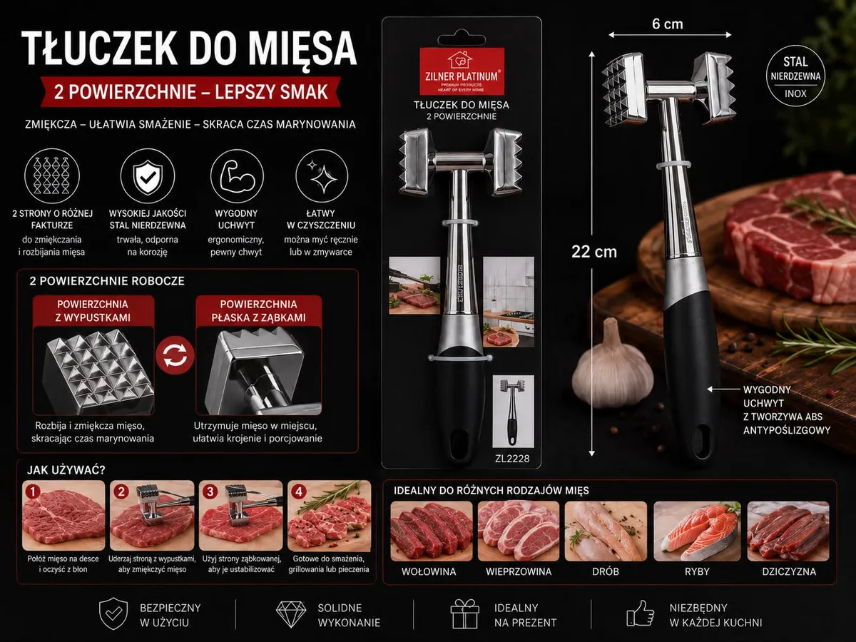 Tłuczek do mięsa dwustronny stal nierdzewna 22 cm czarny uchwyt