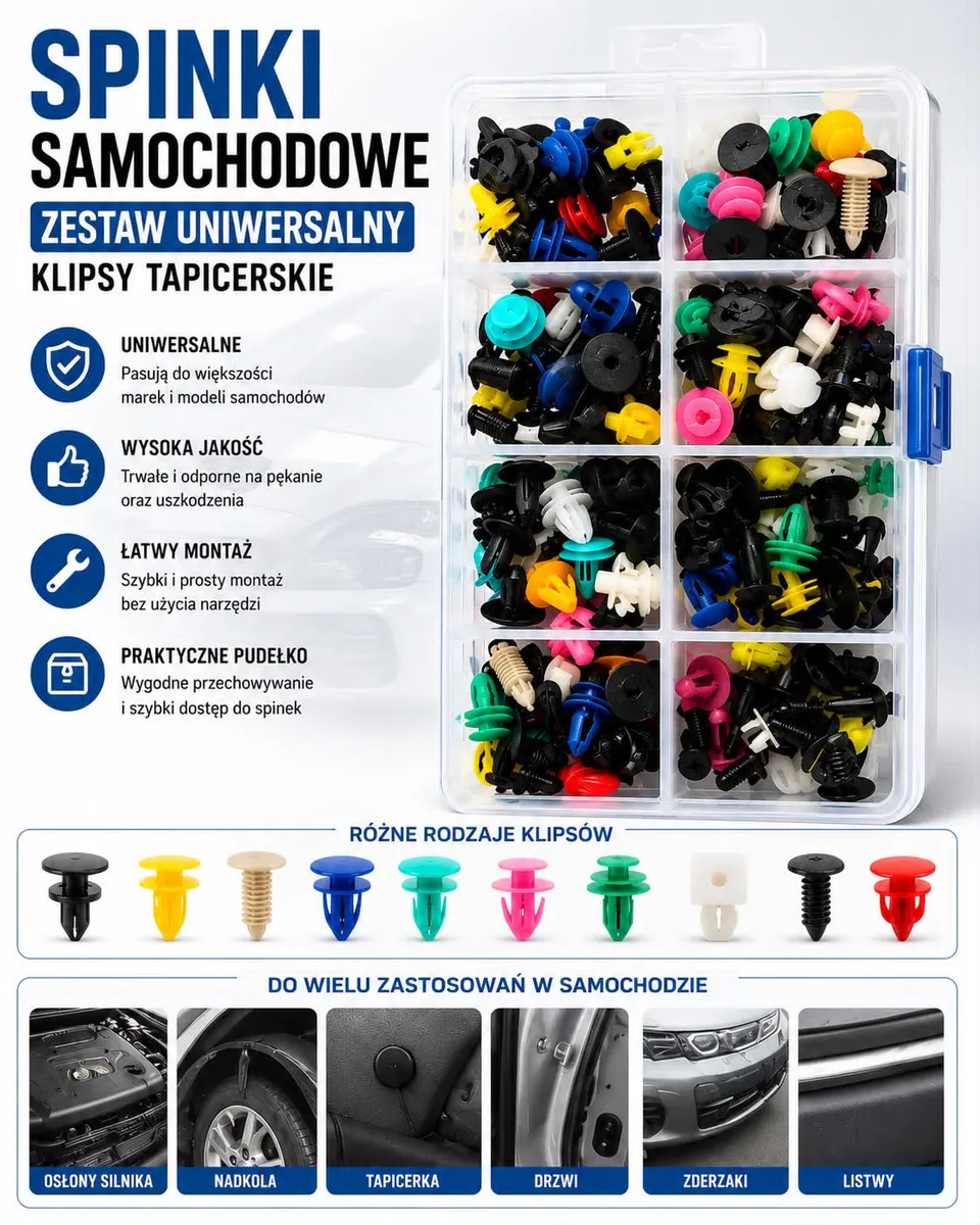 Zestaw Spinek Samochodowych Klipsy Mocujące do Tapicerki i Zderzaków Uniwersalne