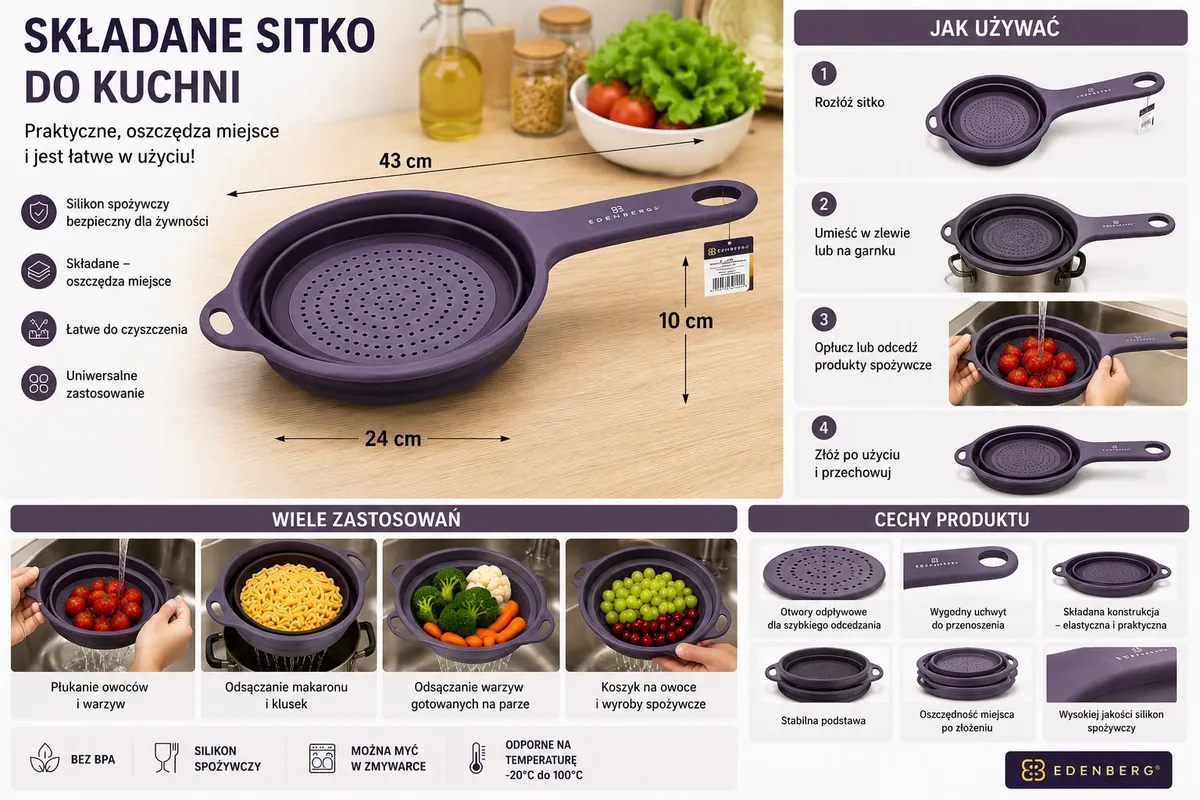 Składane Sitko Kuchenne Silikonowe Granatowe 43 cm z Rączką