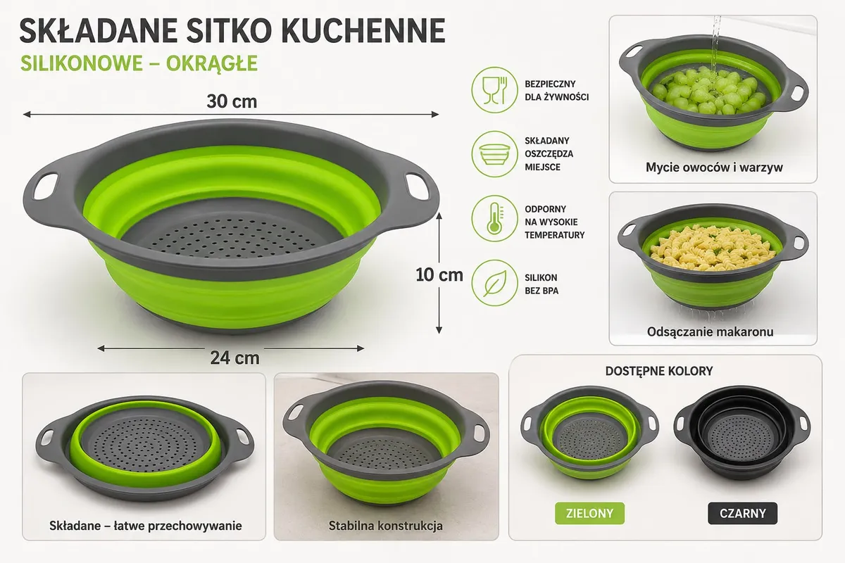 Składany durszlak silikonowy okrągły zielono-szary 30 cm