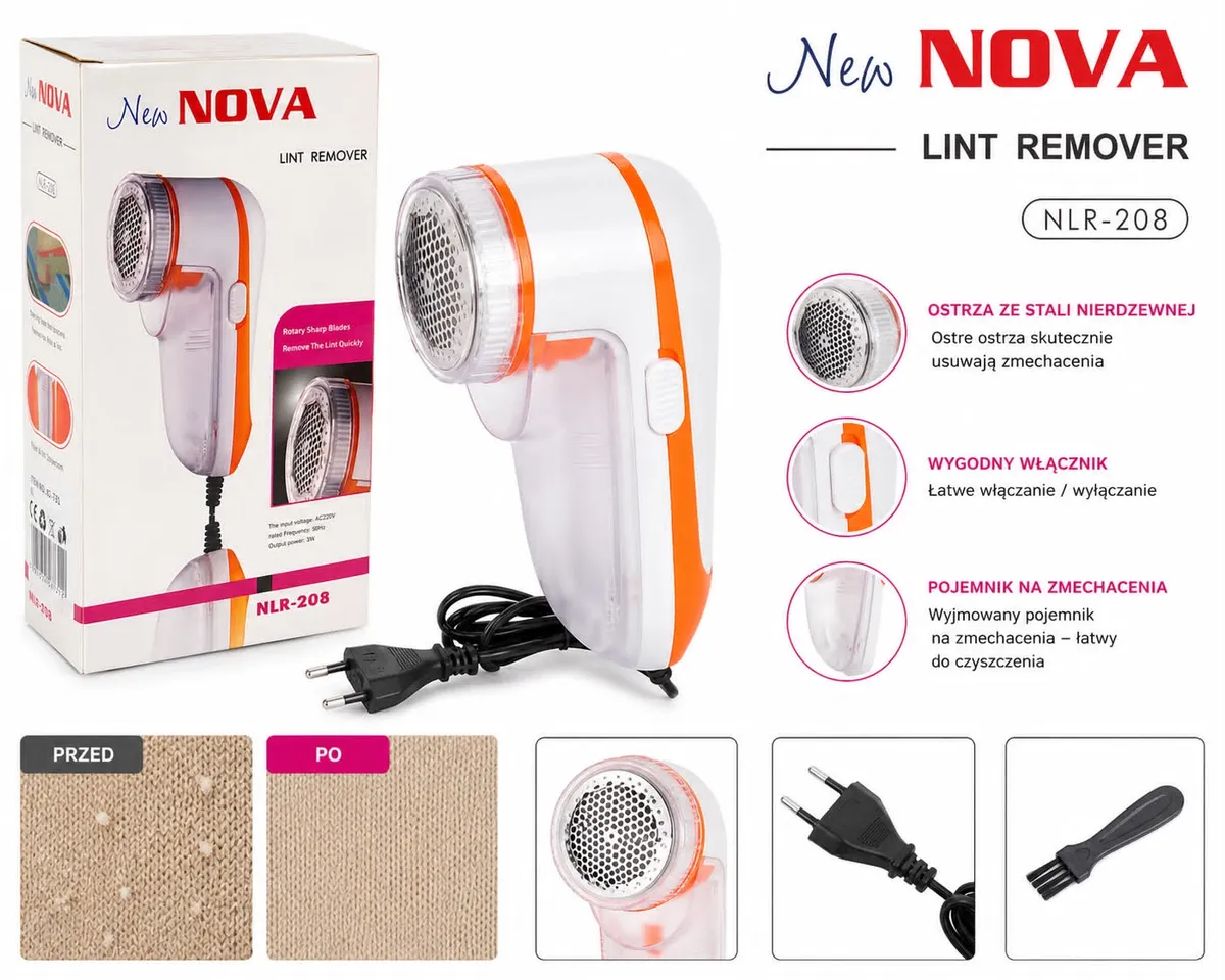 Golarka do ubrań New NOVA Lint Remover NLR-208 biała z pomarańczowym paskiem
