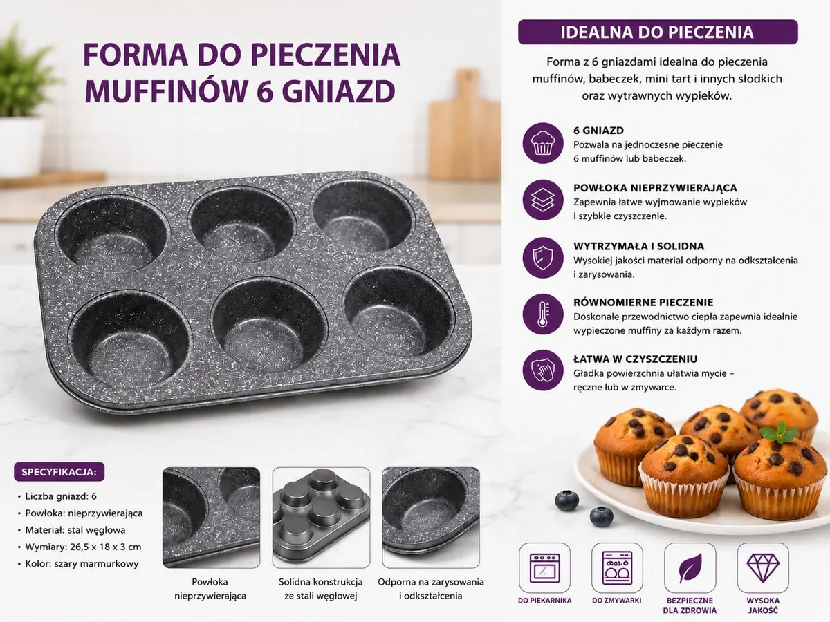 Forma do pieczenia muffinek 6 gniazd szara marmurkowa stal węglowa