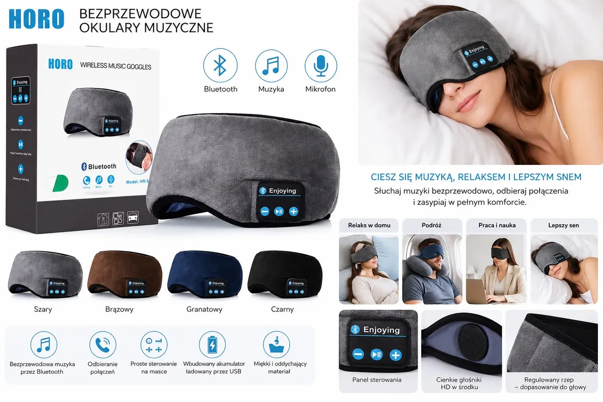 Opaska do spania Bluetooth z wbudowanymi słuchawkami i mikrofonem szara