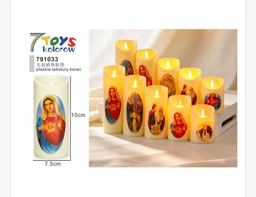 Świeca LED z motywem religijnym 10x7,5 cm kremowa