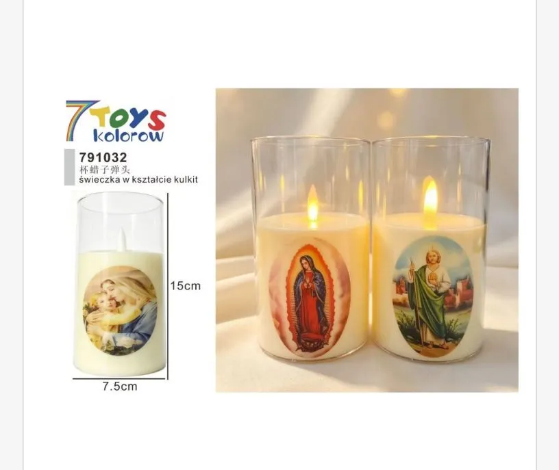 Świeczka w kształcie kulki z wizerunkiem religijnym 15x7,5 cm