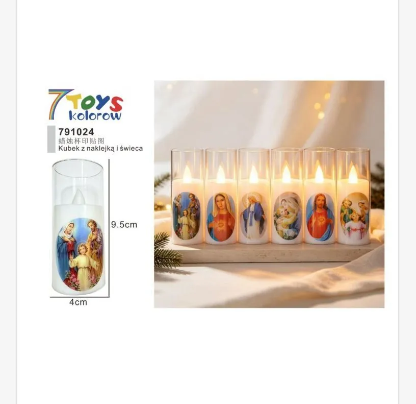 Świeca LED w szklanym kubku z naklejką religijną 9,5x4 cm