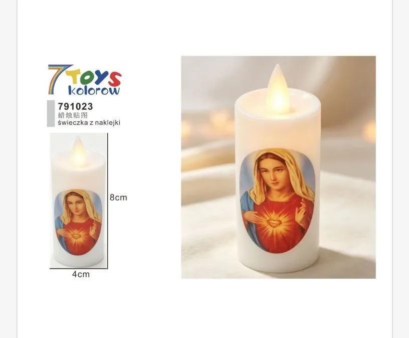 Świeczka LED z naklejką Matka Boska 8x4 cm biała