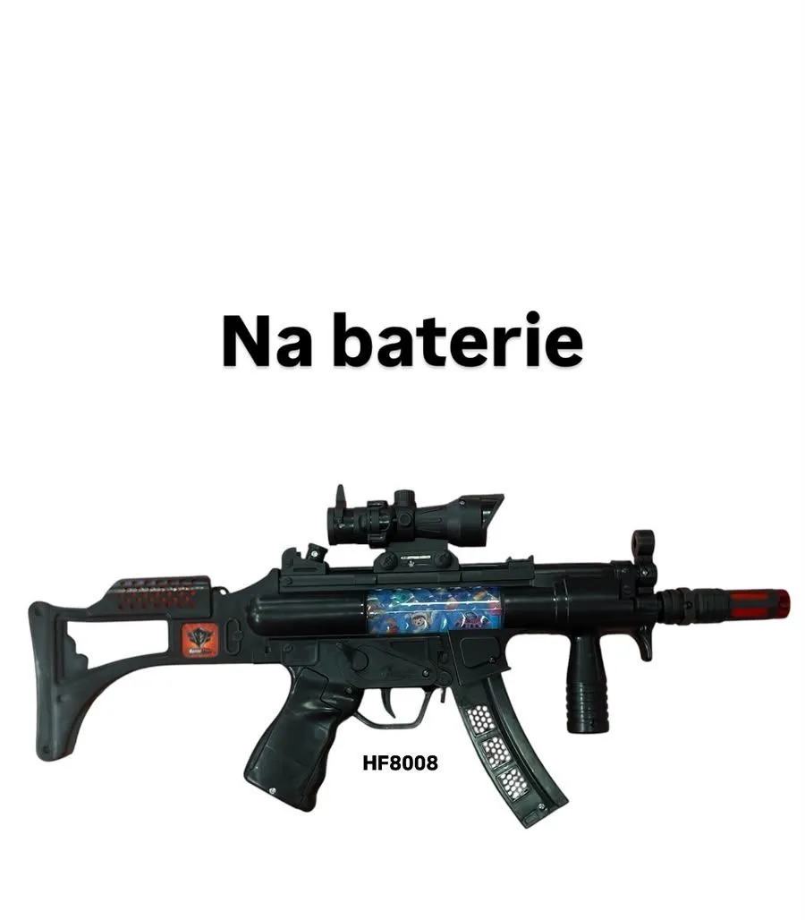 czarny karabin zabawkowy na baterie z celownikiem i chwytakiem, kolorowa naklejka na korpusie
