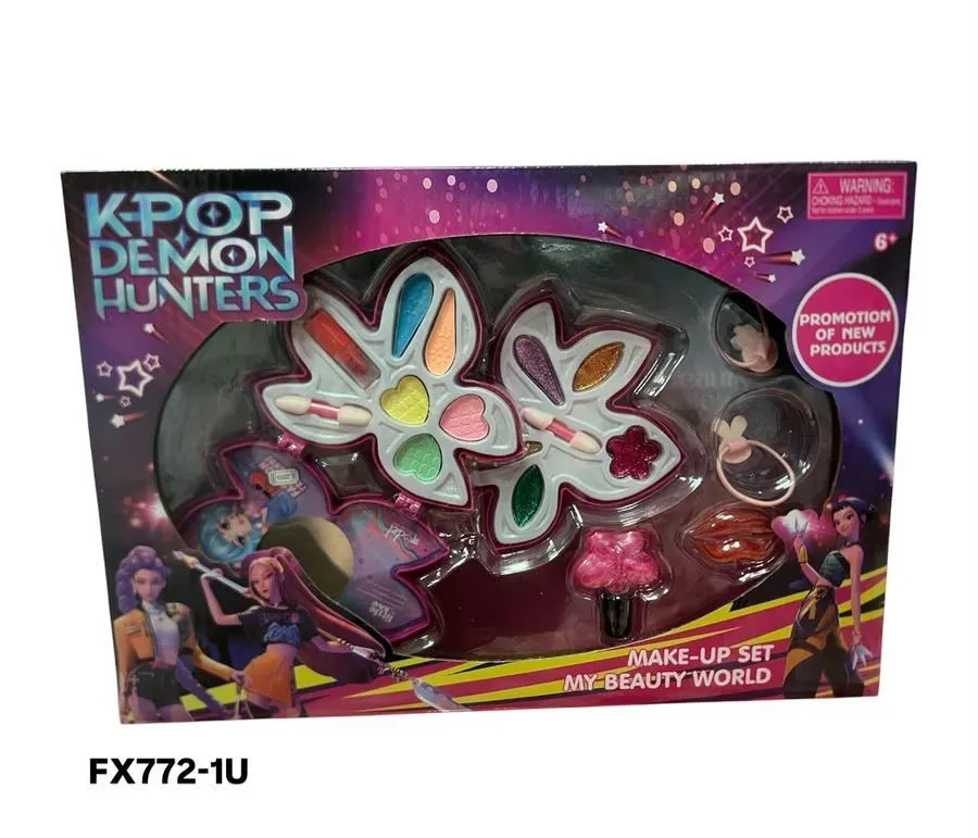 Zestaw do makijażu K-POP Demon Hunters z kolorowymi cieniami i akcesoriami w opakowaniu liścia
