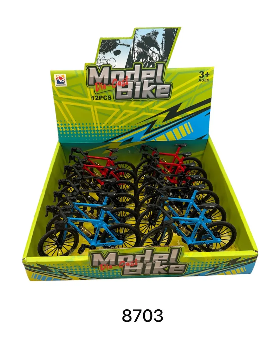 Zestaw 12 miniaturowych modeli rowerów w kolorze czerwonym i niebieskim w opakowaniu