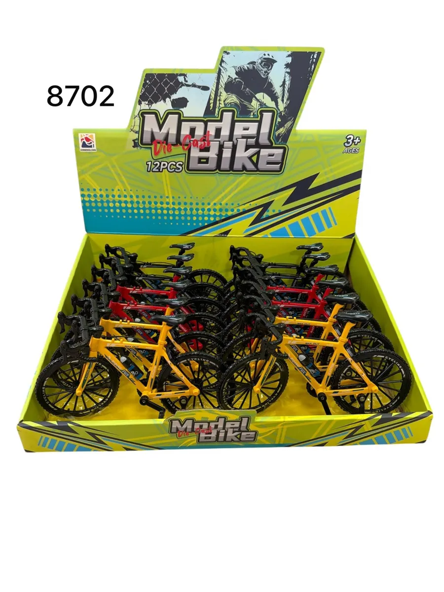 Zestaw 12 mini modeli rowerów w kolorach czerwonym, żółtym i czarnym w kartonowym opakowaniu