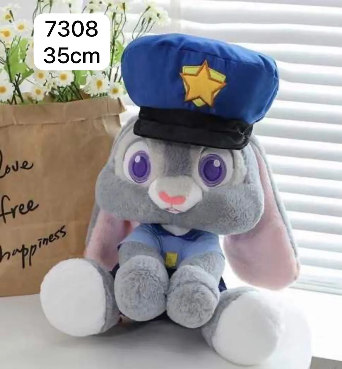 pluszowy królik policjant w niebieskiej czapce i mundurku, 35 cm, szaro-niebieski