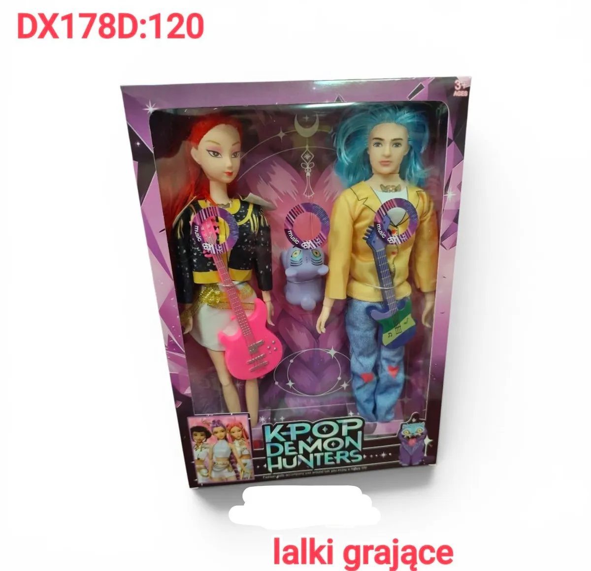 Zestaw dwóch lalek KPOP Demon Hunters z gitarami i fioletowym akcesorium w fioletowym opakowaniu