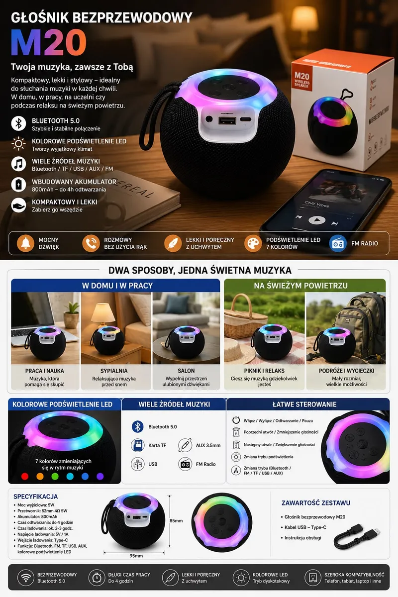 czarny kulisty głośnik Bluetooth M20 z kolorowym podświetleniem LED RGB i uchwytem