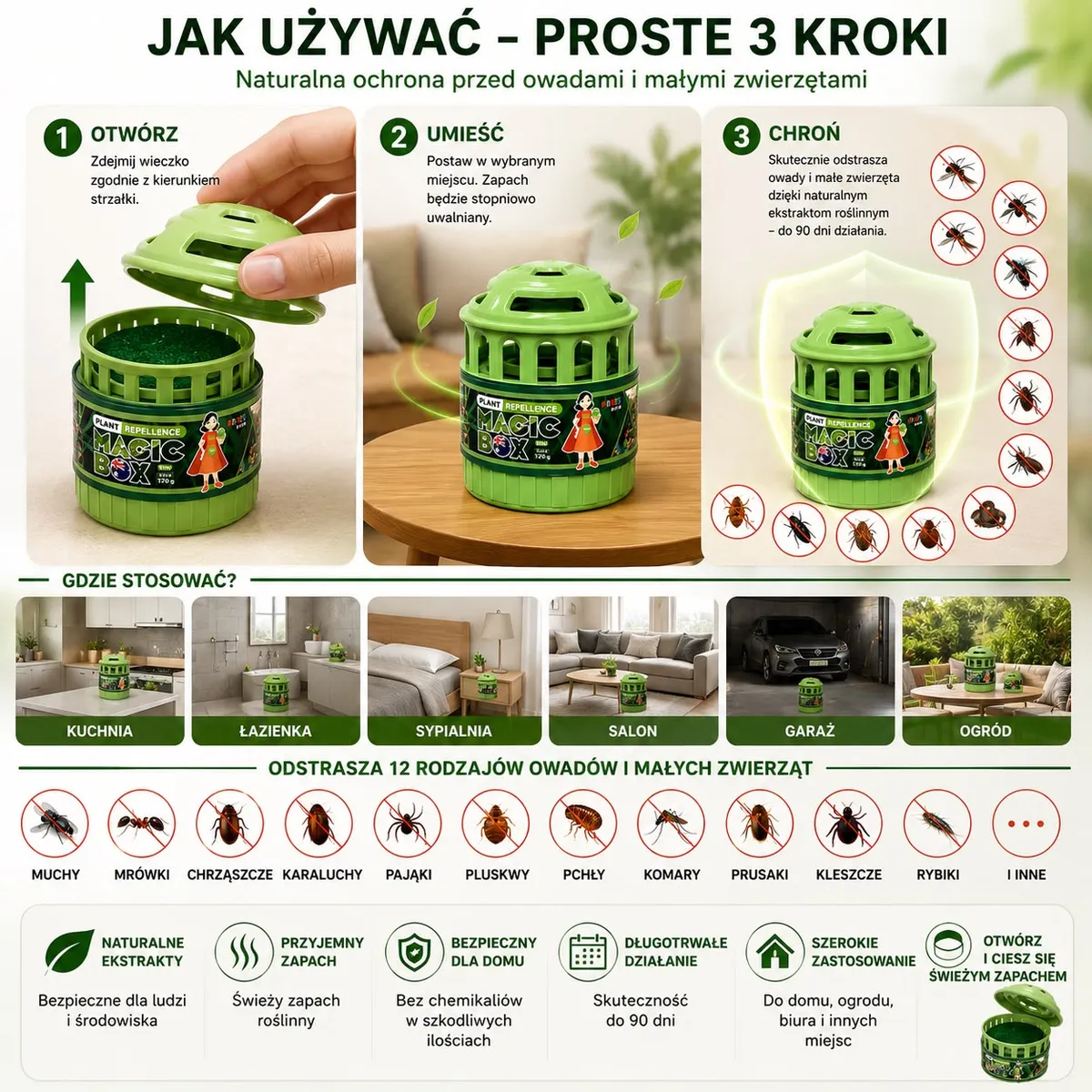 zielony plastikowy odstraszacz owadów Magic Box 120 g z perforowanym wieczkiem na stole