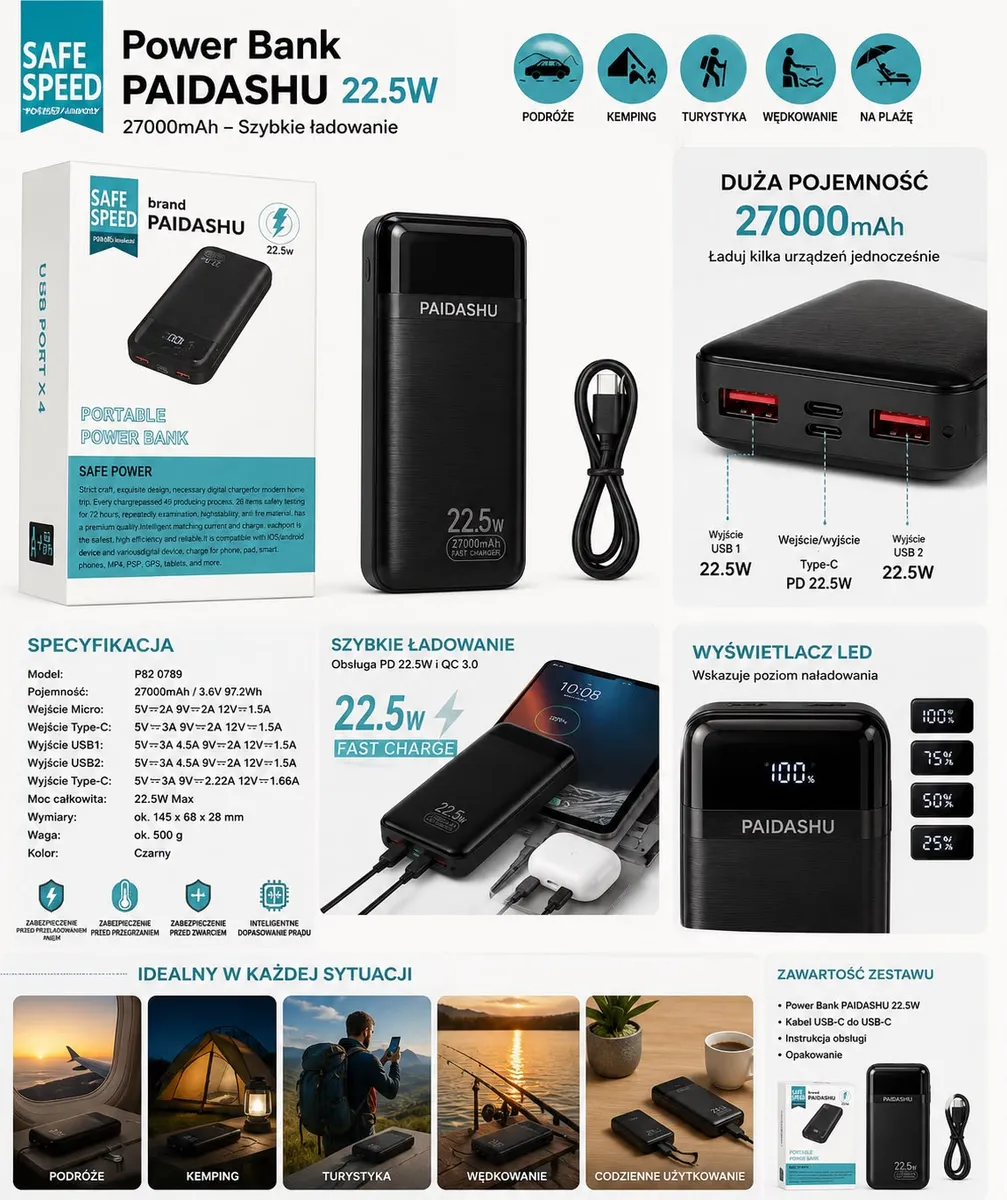 czarny power bank PAIDASHU 27000mAh z wyświetlaczem LED i kablem USB-C