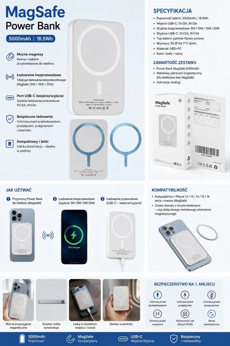 biały i szary power bank MagSafe 5000mAh z magnetycznym pierścieniem i portem USB-C