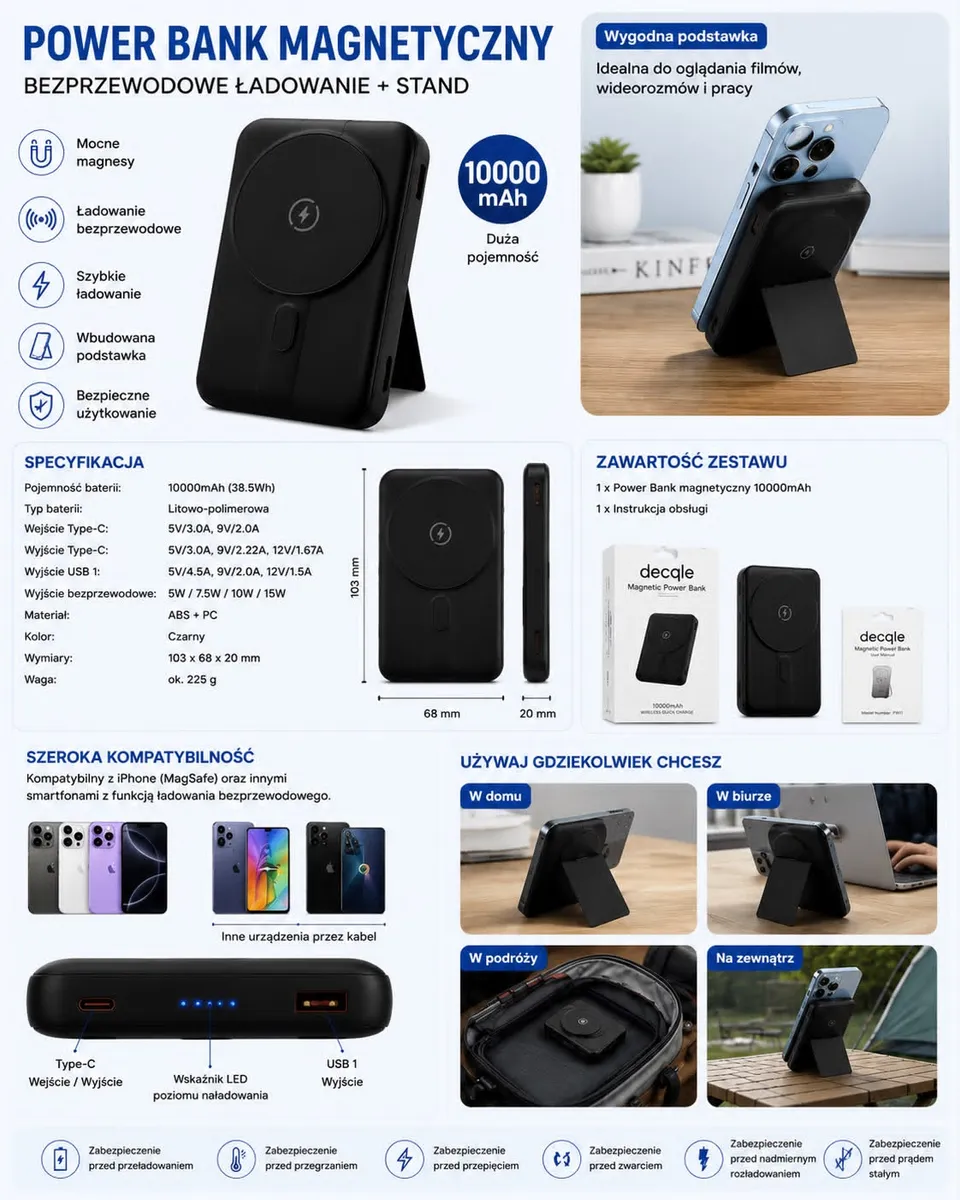 czarny powerbank magnetyczny 10000mAh z podstawką i ładowaniem bezprzewodowym