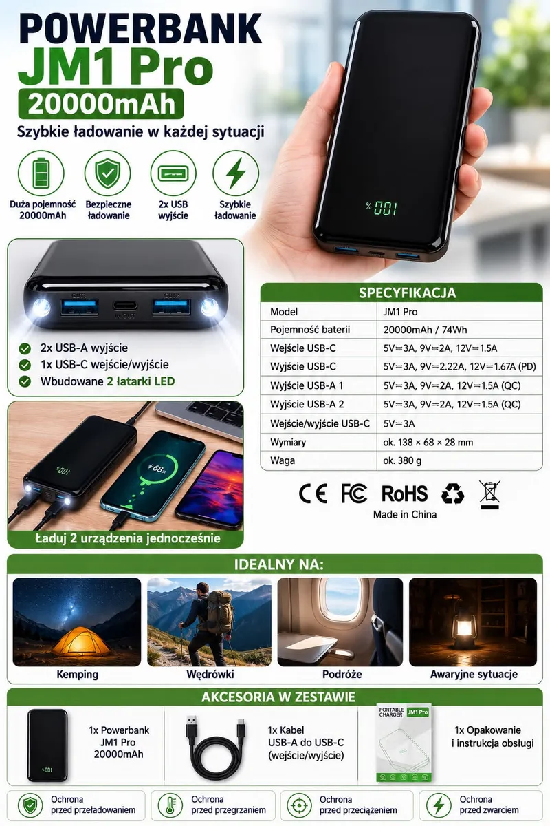 czarny powerbank JM1 Pro 20000mAh z wyświetlaczem LED i dwoma portami USB-A