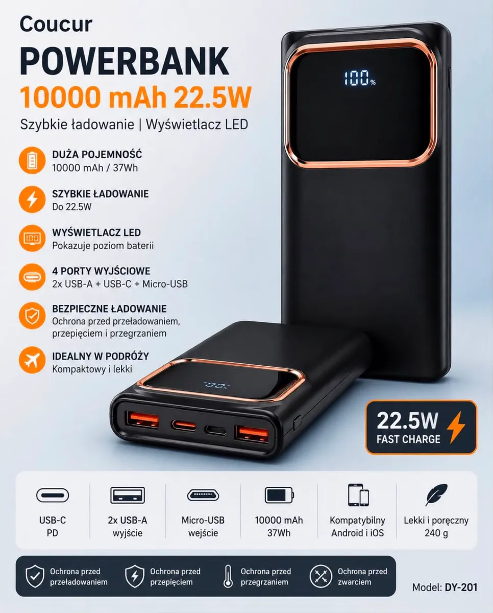 czarny powerbank Coucur z miedzianą ramką i wyświetlaczem LED, 4 porty USB