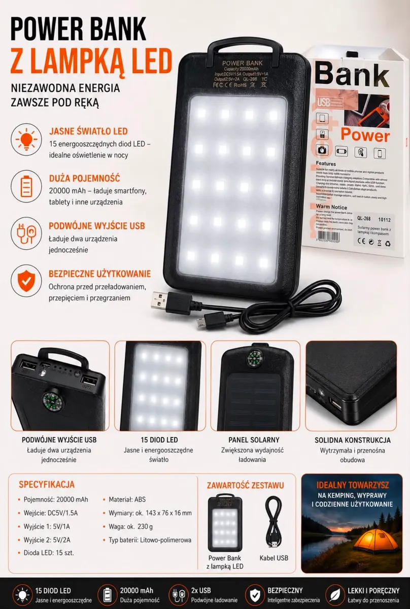 czarny power bank solarny z lampką LED, panelem solarnym i kompasem, kabel USB