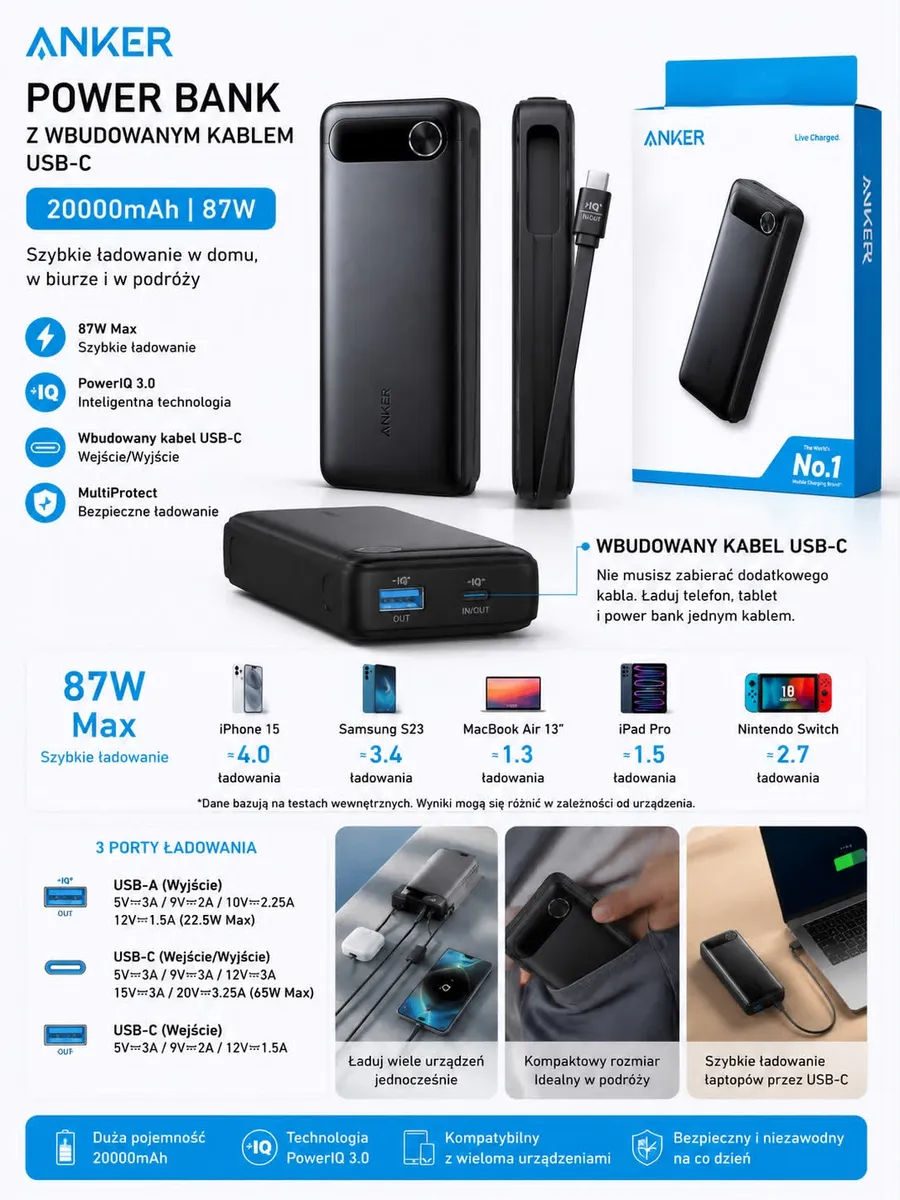 Czarny power bank Anker 20000mAh 87W z wbudowanym kablem USB-C i opakowaniem