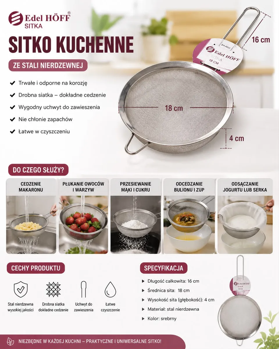 Srebrne sitko kuchenne ze stali nierdzewnej o średnicy 18 cm z uchwytem do zawieszania