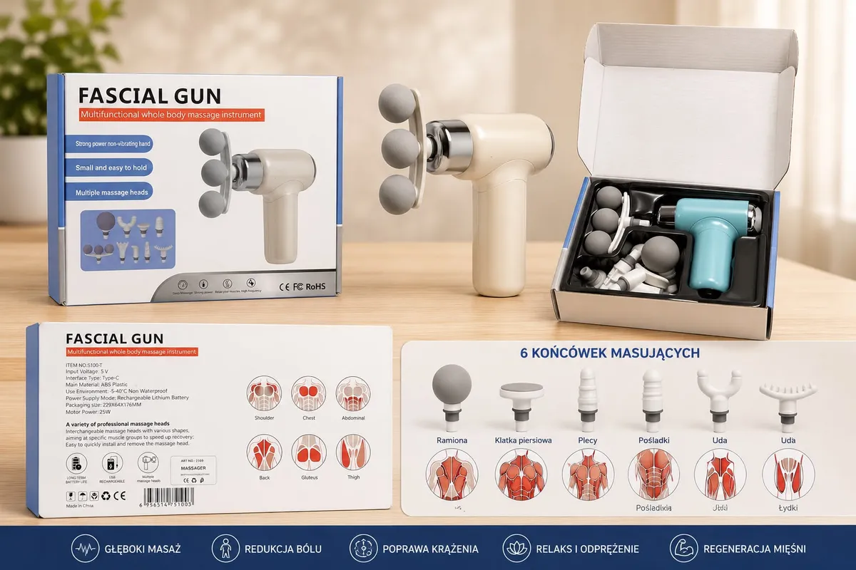 Beżowy masażer Fascia Gun USB z 6 wymiennymi końcówkami do masażu mięśni w opakowaniu