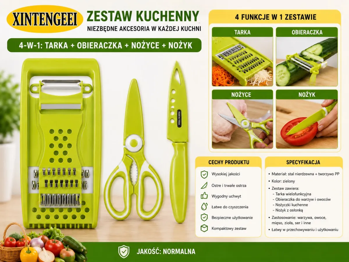 zielony zestaw kuchenny 4w1 tarka obieraczka nożyczki nożyk na białym tle