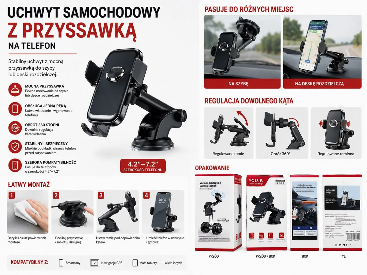 czarny uchwyt samochodowy na telefon z przyssawką i regulacją 360 stopni
