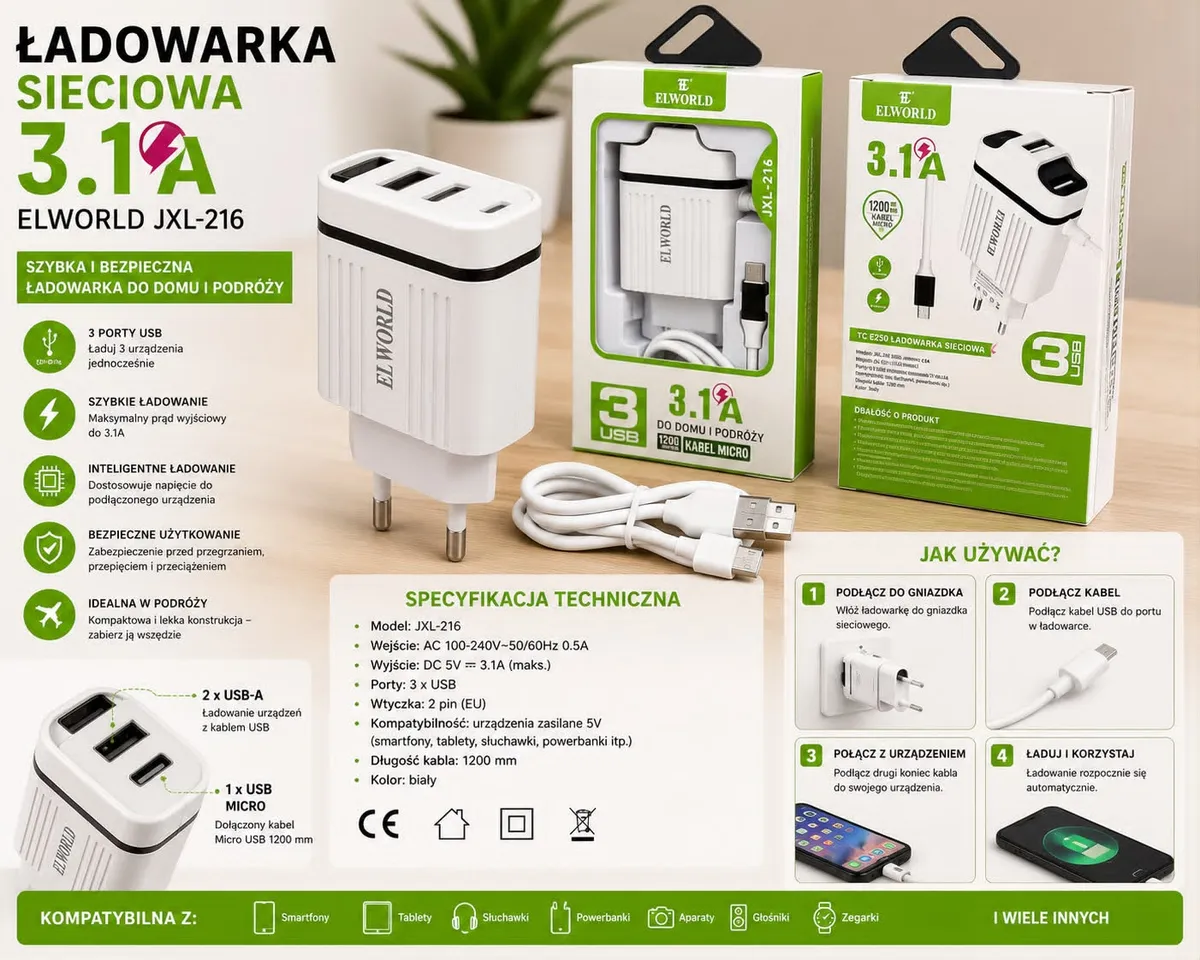 biała ładowarka sieciowa ELWORLD JXL-216 z trzema portami USB i kablem Micro USB 120 cm