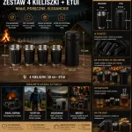 Zestaw 4 kieliszków turystycznych ze stali nierdzewnej z etui z eko-skóry czarne