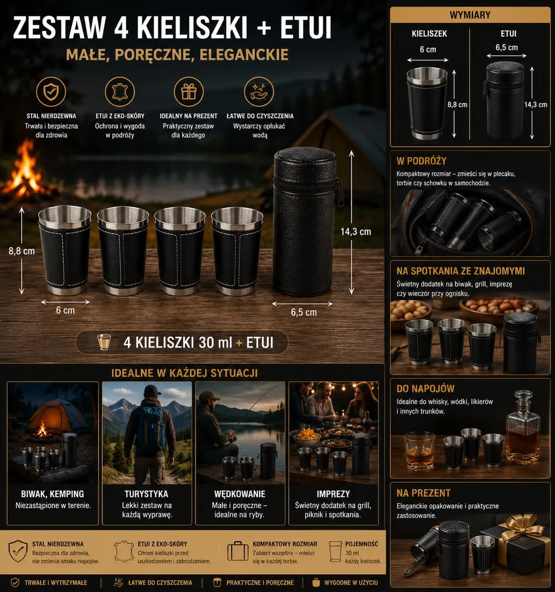 Zestaw 4 stalowych kieliszków turystycznych z czarnym etui z eko-skóry na tle ogniska i lasu