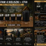 Zestaw 4 kieliszków turystycznych ze stali nierdzewnej z etui z eko-skóry czarne
