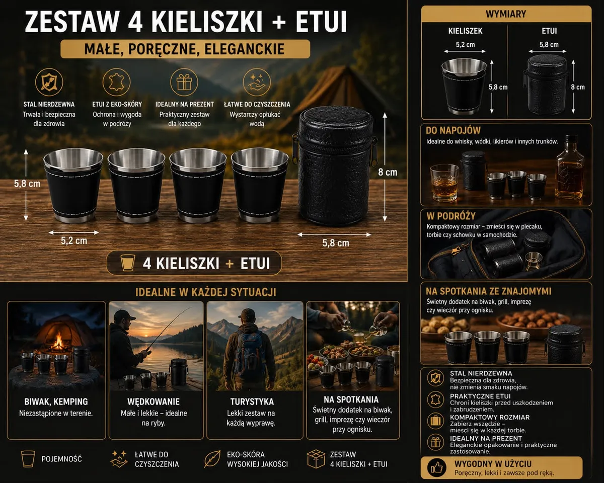 Zestaw 4 czarnych kieliszków ze stali nierdzewnej z etui z eko-skóry na tle natury