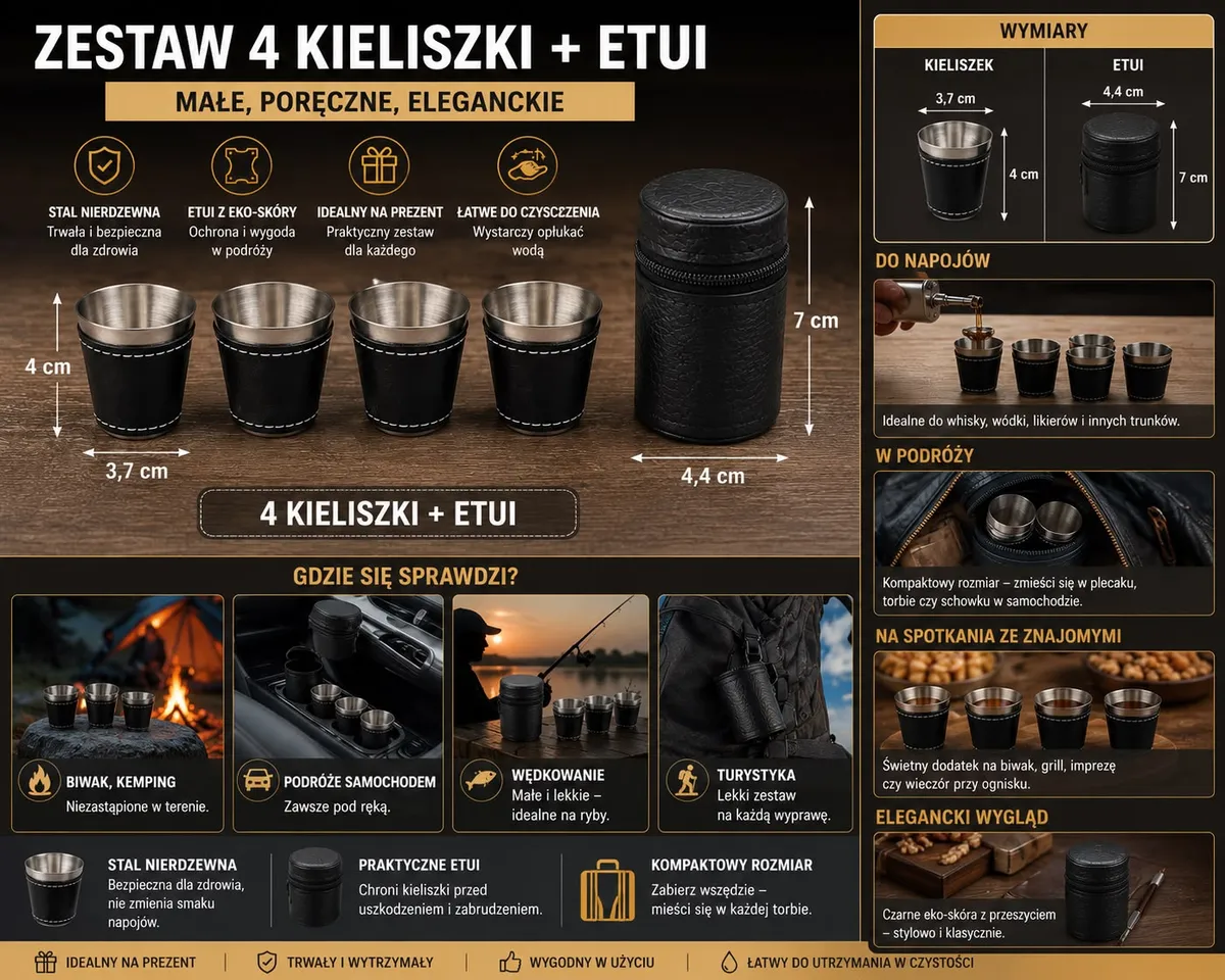 Zestaw 4 stalowych kieliszków turystycznych z czarnym etui z ekoskóry na drewnianym tle