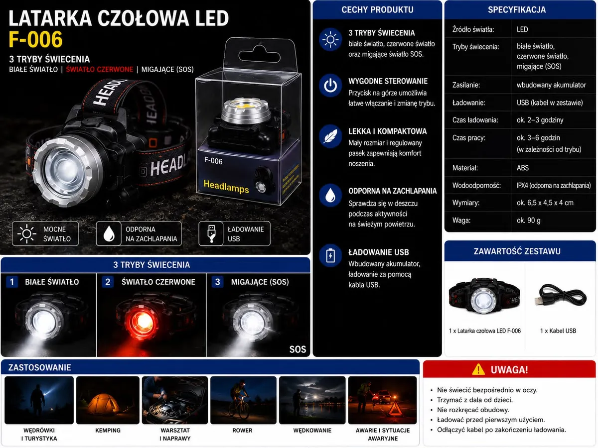 czarna latarka czołowa LED F-006 z regulowanym paskiem i kablem USB w opakowaniu