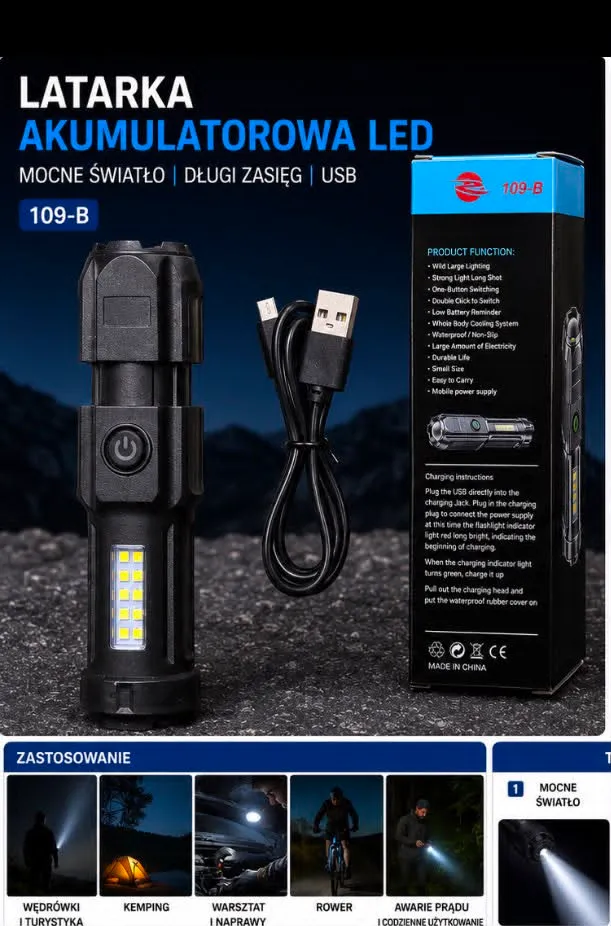 czarna latarka LED z bocznym światłem COB, kablem USB i opakowaniem na ciemnym tle