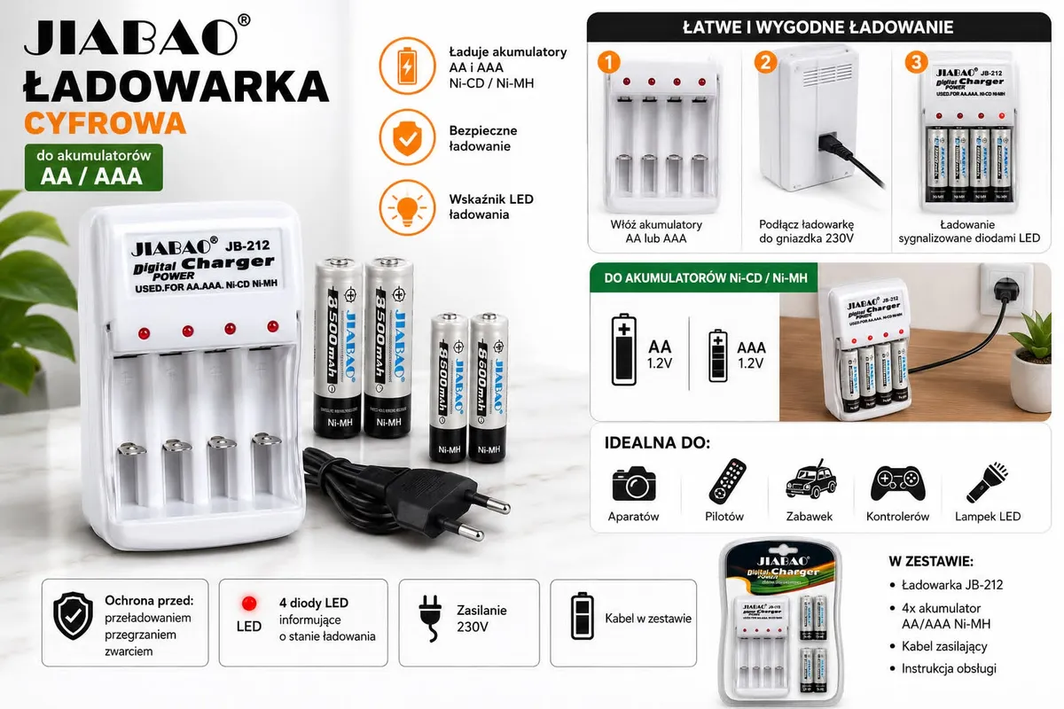 biała ładowarka JIABAO JB-212 z czterema czerwonymi diodami LED, cztery akumulatory AA Ni-MH i kabel zasilający
