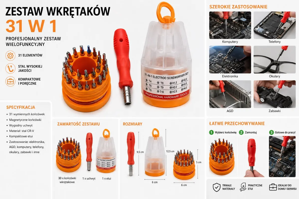 Zestaw wkrętaków precyzyjnych 31w1 z pomarańczowo-czerwonym uchwytem i etui, magnetyczne końcówki