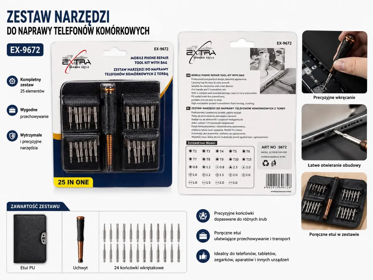 Zestaw 25 precyzyjnych śrubokrętów z czarnym etui PU i miedzianym uchwytem do naprawy telefonów