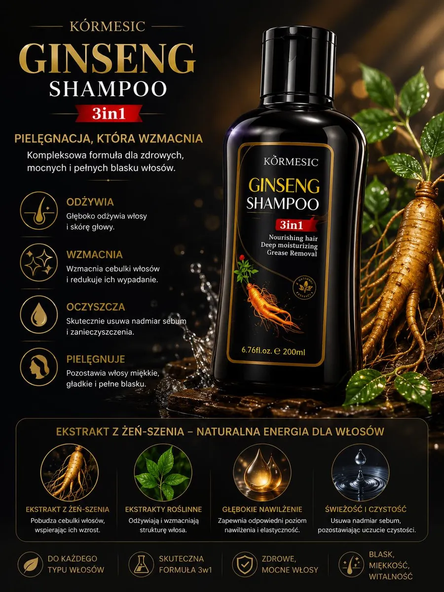 Butelka czarnego szamponu KÒRMESIC Ginseng Shampoo 3w1 200 ml z ekstraktem z żeń-szenia na tle roślin i korzenia żeń-szenia