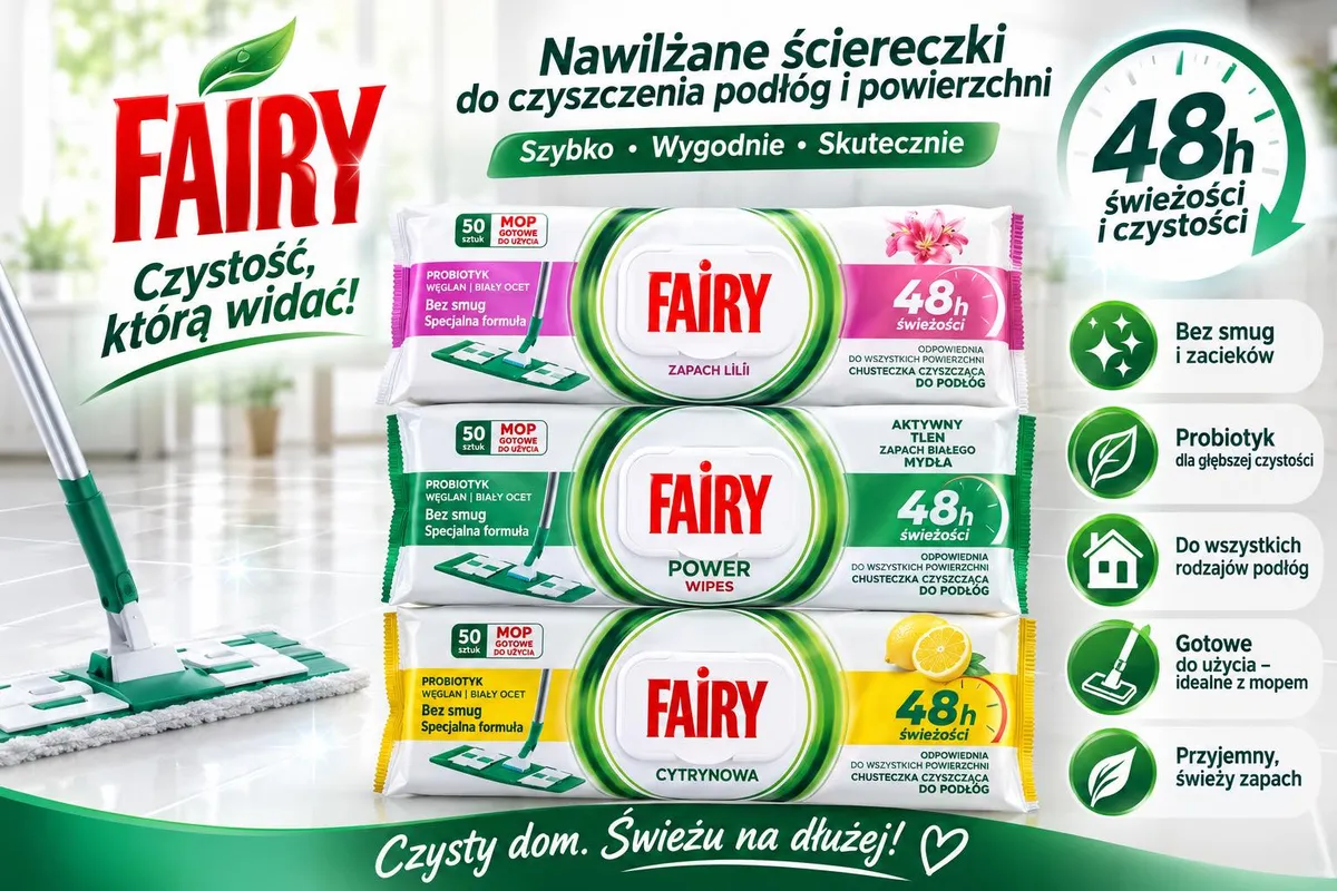 opakowania nawilżanych chusteczek Fairy do mopów w trzech zapachach: lilia, białe mydło, cytryna