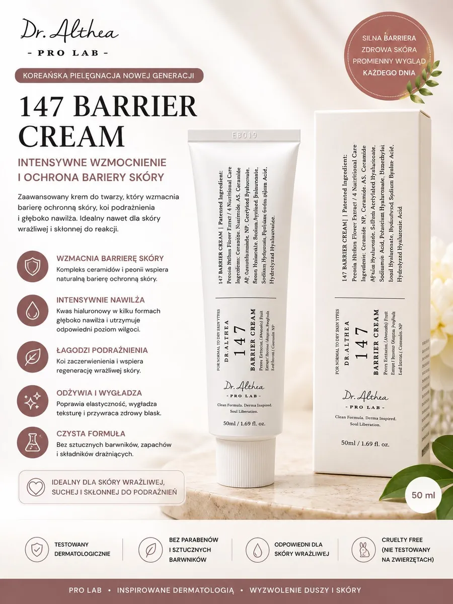 tuba kremu Dr. Althea 147 Barrier Cream 50 ml z białym opakowaniem i opisem działania