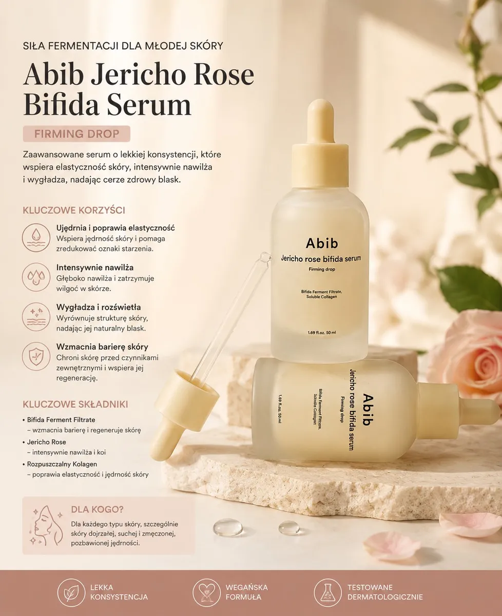 Butelka mlecznobiałego serum Abib Jericho Rose Bifida z pipetą na kamiennym tle z różą