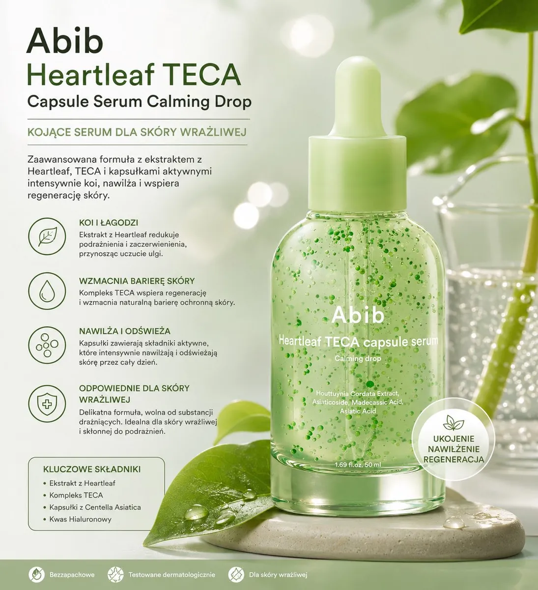 Butelka serum Abib Heartleaf TECA z zielonymi kapsułkami i pipetą na tle liści