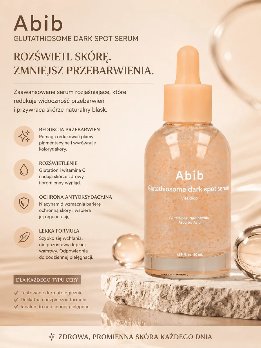 Butelka serum Abib Glutathiosome Dark Spot z pipetą i pomarańczowymi drobinkami na kamiennym tle