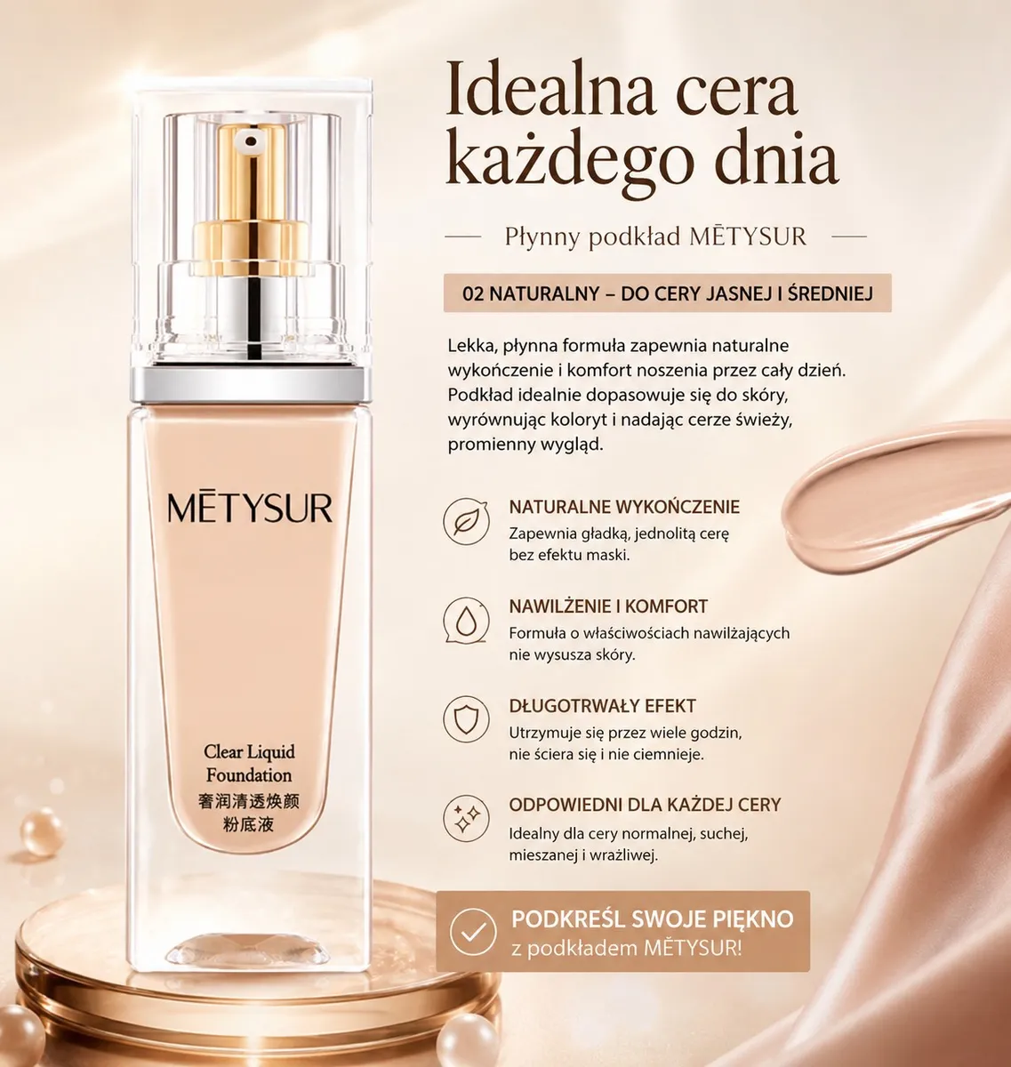 butelka podkładu MËTYSUR Clear Liquid Foundation z pompką i złotym aplikatorem