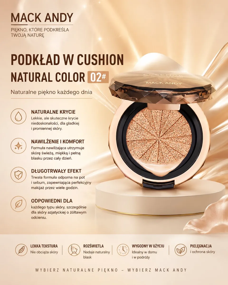 podkład w cushion MACK ANDY Natural Color 02 w eleganckim opakowaniu z transparentnym brązowym wieczkiem