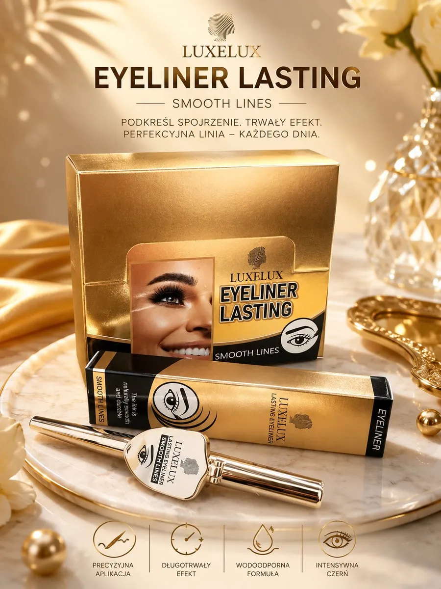 złote opakowanie eyelinera LUXELUX z czarnym napisem i zdjęciem kobiety z makijażem oczu
